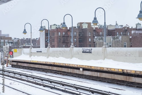 NYC subway public transportation copy space background image, snow storm, bad weather theme photo