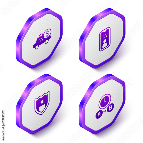 Set Isometric Taximeter device, driver license, Life insurance with shield and waiting time icon. Purple hexagon button. Vector