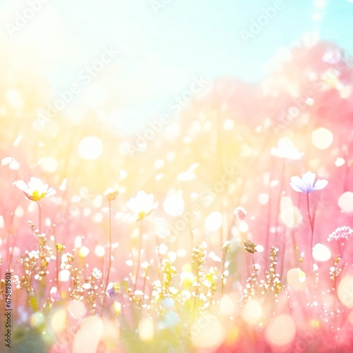 Full frame background, the grass with colorful flowers, the warm morning sunlight shines, focus flower, everything else is blurred.