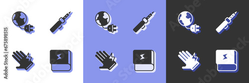 Set Book about electricity, Global energy planet with plug, Electric glove and Soldering iron icon. Vector