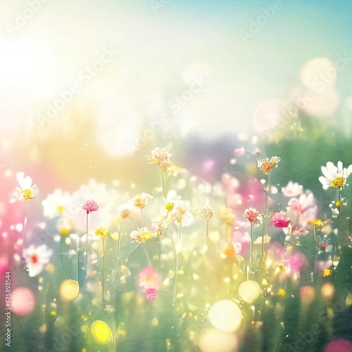 Full frame background, the grass with colorful flowers, the warm morning sunlight shines, focus flower, everything else is blurred. © AyarosP