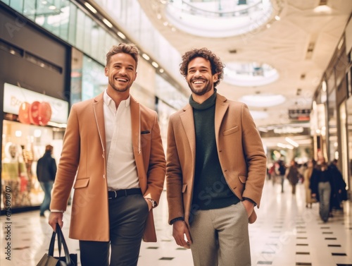 Happy and smiling young gay couple shopping in the shopping mall. 