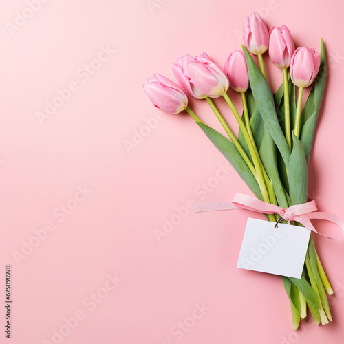 Mother's Day concept. Top view photo of bouquet of pink tulips tied with silk ribbon and envelope with postcard on isolated pastel pink background with copyspace