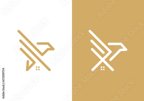 golden eagle logo set with home linear style illustration vector design.