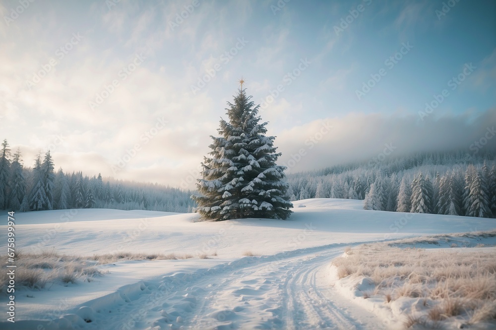 Obraz premium winter landscape with snow covered trees, Generative AI image