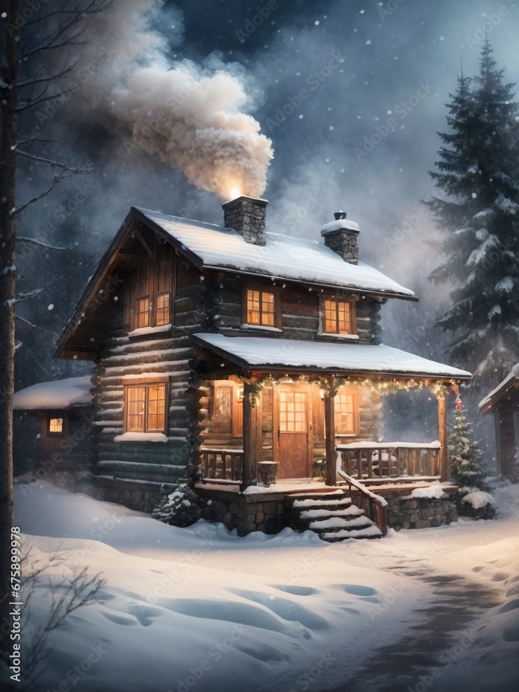 Cabin in the winter woods, Generative AI image Cabin in the winter woods, Generative AI image