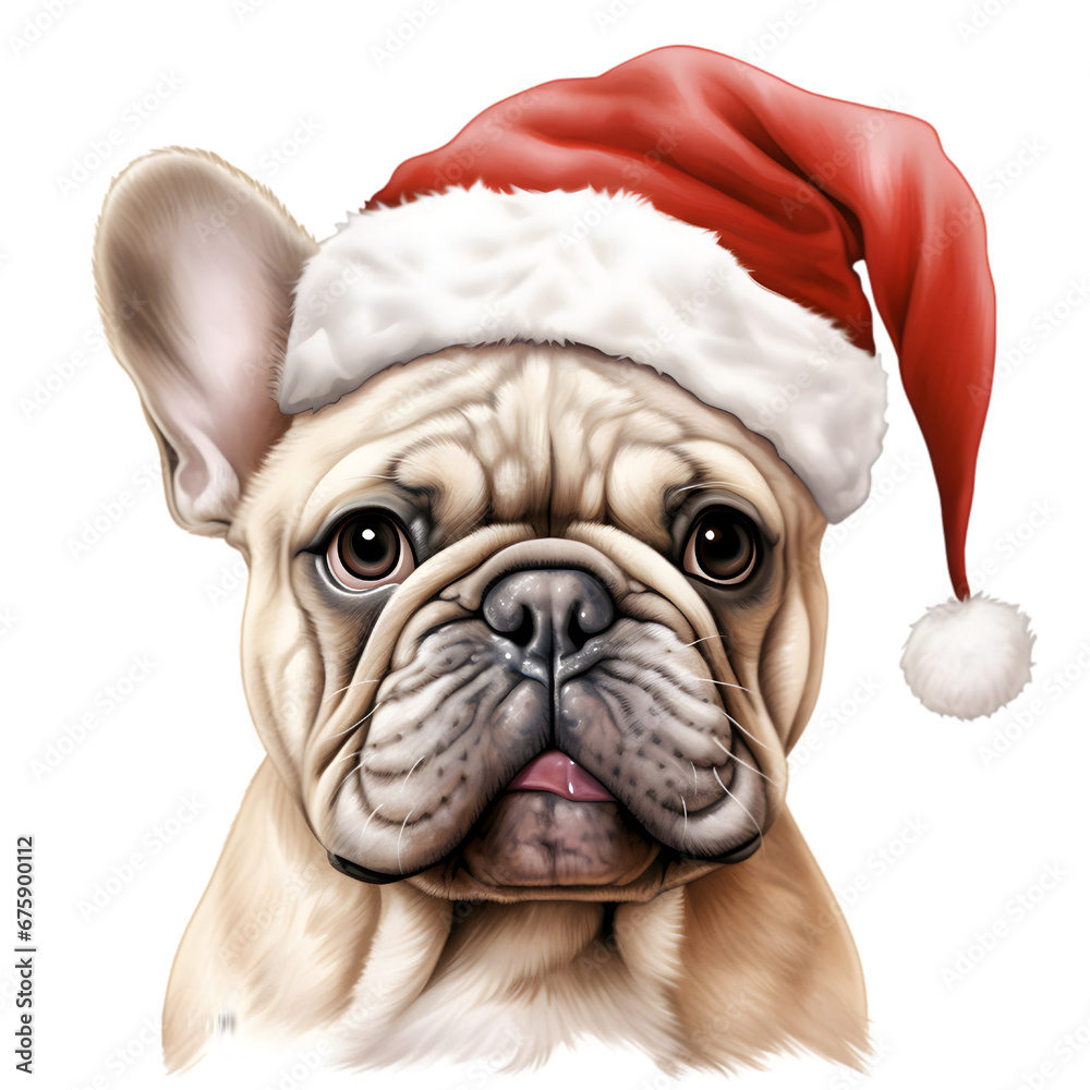 French Bulldog Wearing a Santa Hat, Christmas Dog Watercolor Clipart