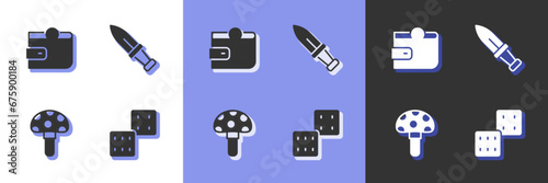 Set Game dice, Wallet, Psilocybin mushroom and Dagger icon. Vector
