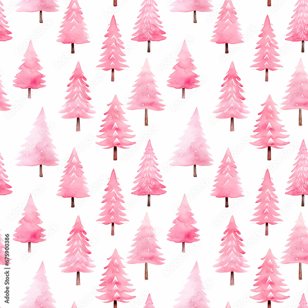 Pretty pink watercolour style seamless repeating pattern of christmas trees, great for stationery and fabric.