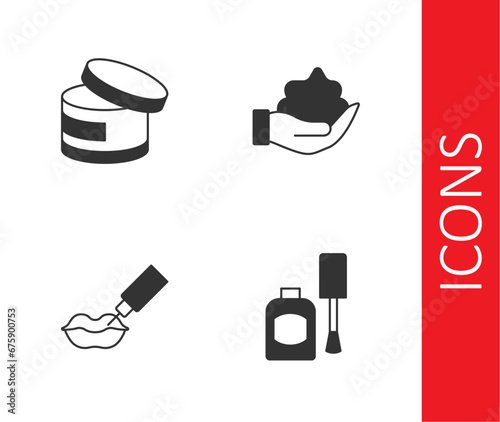 Set Bottle of nail polish, Cream or lotion cosmetic tube, Lip augmentation and Shaving foam hand icon. Vector
