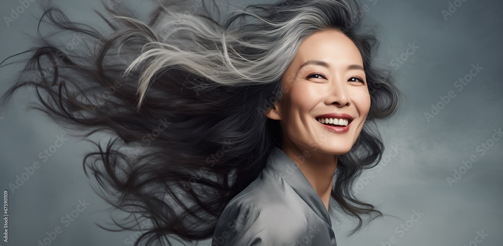Graceful Woman with Gray Tresses in Studio Setting – Cosmetic Advertisement Graceful Woman with Gray Tresses in Studio Setting – Cosmetic Advertisement