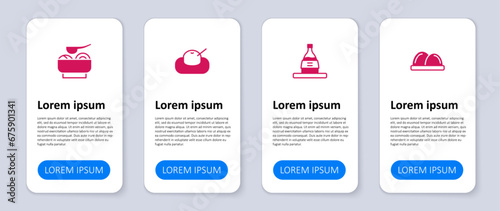 Set Sushi, Bottle of sake, Mochi and Ramen soup bowl. Business infographic template. Vector