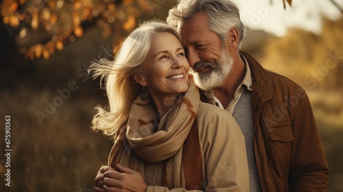 Senior couple happy lifestyle retirement together smiling love old nature mature. Portrait of a Smiling older Couple. Romantic senior couple. Elderly couple embracing in autumn park