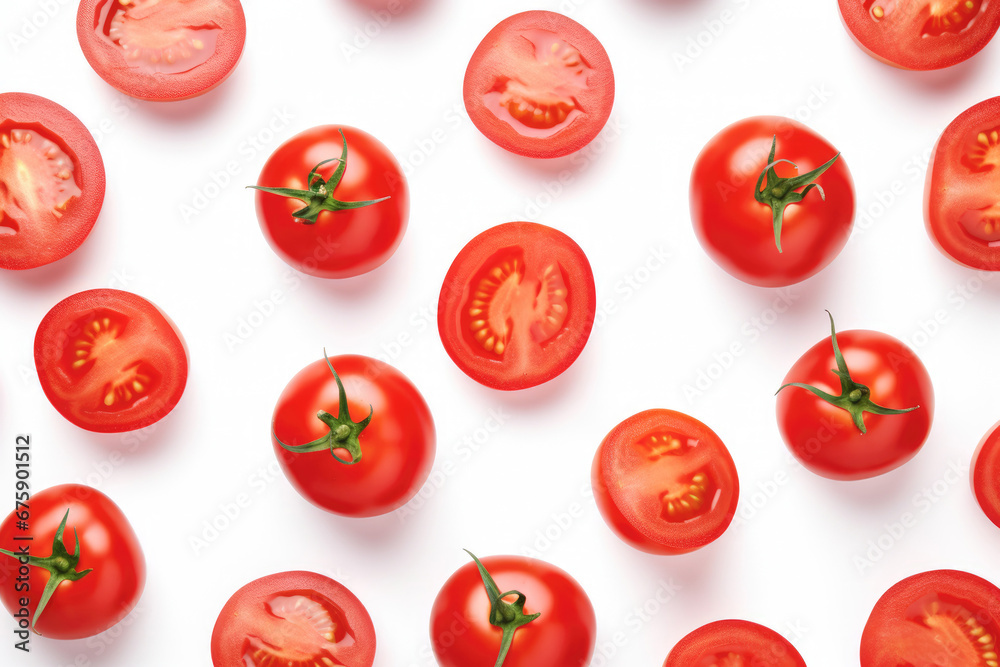 An arrangement of ripe cherry tomatoes on a clean white background, highlighting their nature-inspired freshness and suitability for a wholesome diet. An arrangement of ripe cherry tomatoes on a clean white background, highlighting their nature-inspired freshness and suitability for a wholesome diet.