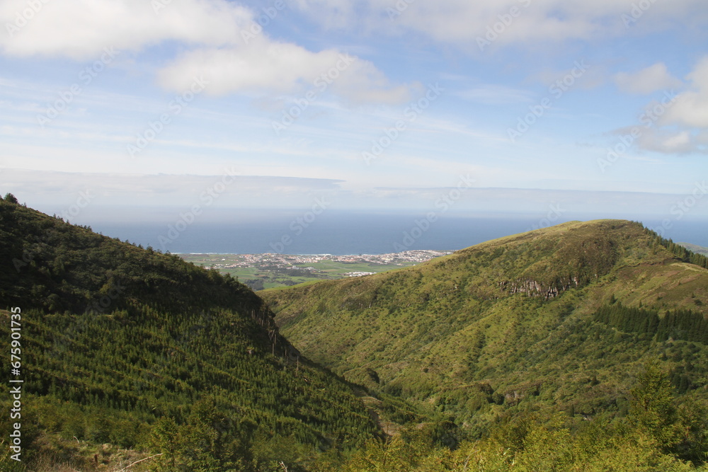 Aerial view of beautiful mountains in Azores, Portugal