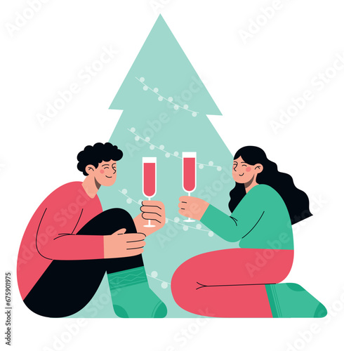 Happy romantic couple celebrate Christmas together with wine. Flat vector illustration of winter holidays (ID: 675901975)