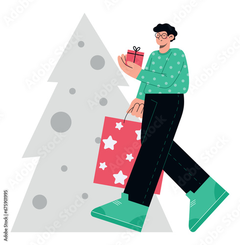Happy man walks with Christmas gifts. Flat vector illustration of winter holidays shopping (ID: 675901995)