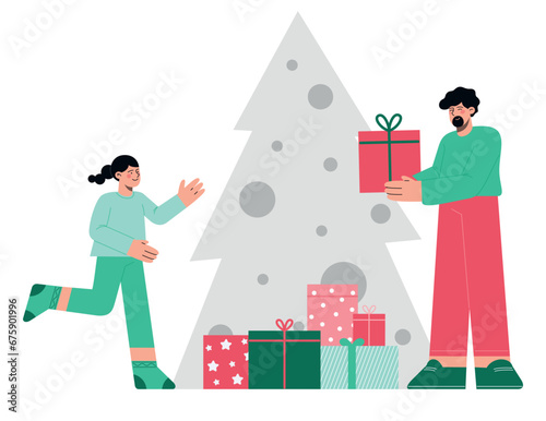 Father and daughter open Christmas presents together. Flat vector illustration of winter holidays (ID: 675901996)