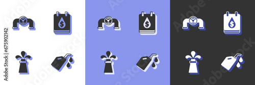Set Canister for motor machine oil, Oil pipe with valve, rig and drop dollar symbol icon. Vector