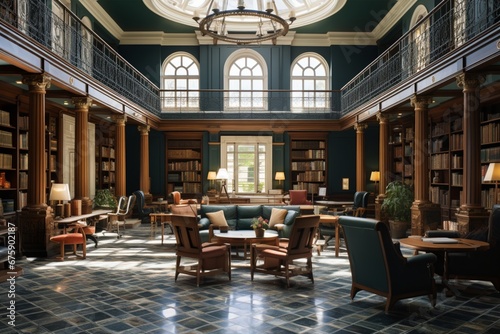 Design a library interior with a focus on historical preservation and restoration