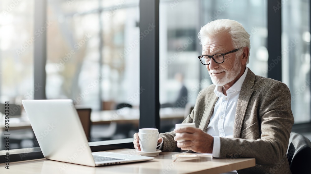 A old senior CEO is sitting in a coffee shop with coffee in a warm atmosphere in a business office area. A old senior CEO is sitting in a coffee shop with coffee in a warm atmosphere in a business office area.