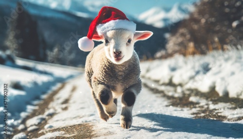 Cute baby lamb running on winter road in a wonderful winter scenery with a cute santa hat on its head photo