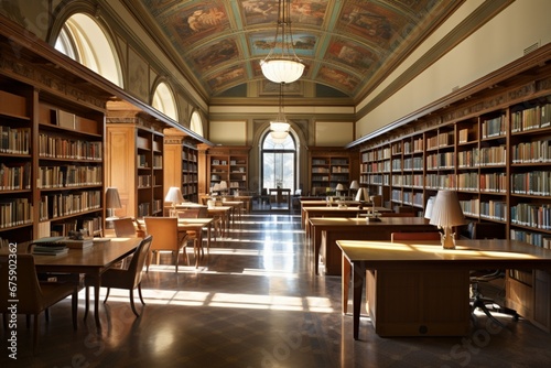 Design a library interior with a focus on historical preservation and restoration
