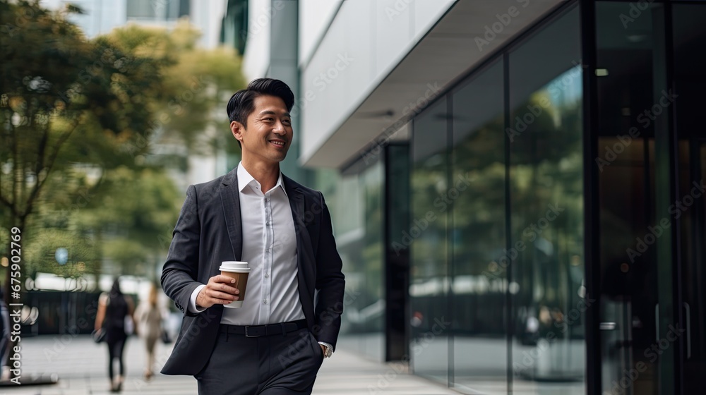 asian businees man stand with phone and coffee in the business district at the street asian businees man stand with phone and coffee in the business district at the street