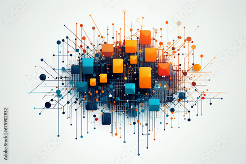 Exploding cube data network in blue and orange on white background photo