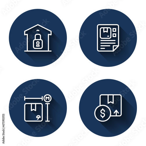 Set line Closed warehouse, Waybill, Cardboard box measurement and Carton cardboard with long shadow. Blue circle button. Vector