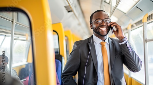 Office handsome man of African descent Or executives are talikng with phone in Public transportation on the way to work to meet with clients