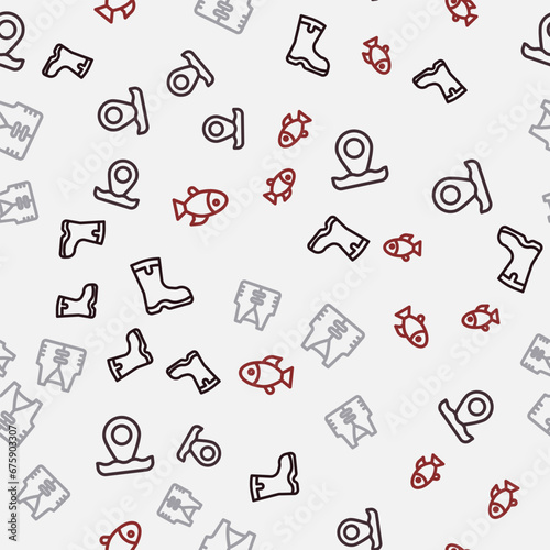 Set line Fishing boots, Location fishing, jacket and on seamless pattern. Vector