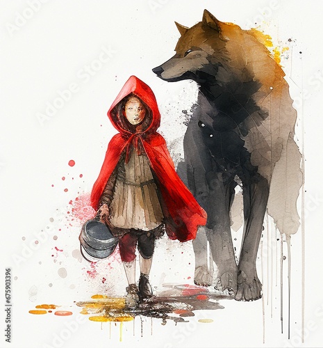 AI generated illustration of watercolor painting art of the Red Riding hood ad the wolf photo