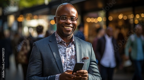 Office handsome man of African descent Or executives are standing and walking on the street using their phones to make transactions, for example. fintech in a business district with tall buildings photo