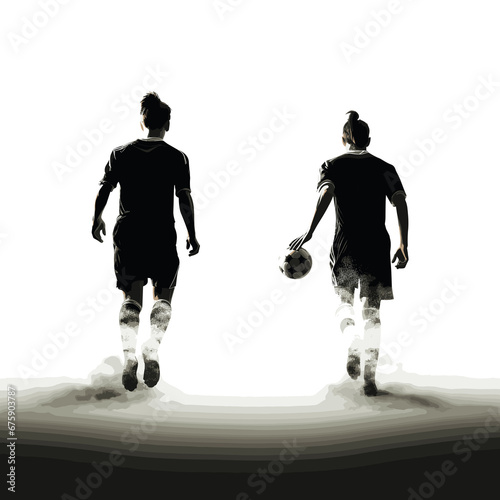 Silhouette of couple of soccer players, running, kicking the soccer ball photo