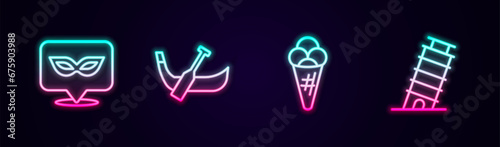 Set line Carnival mask, Gondola boat, Ice cream in waffle and Leaning tower Pisa. Glowing neon icon. Vector