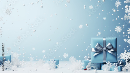 Festive New Year background with New Year's gifts and decorations in a single delicate blue color scheme. Christmas card, winter atmosphere. Copy space view