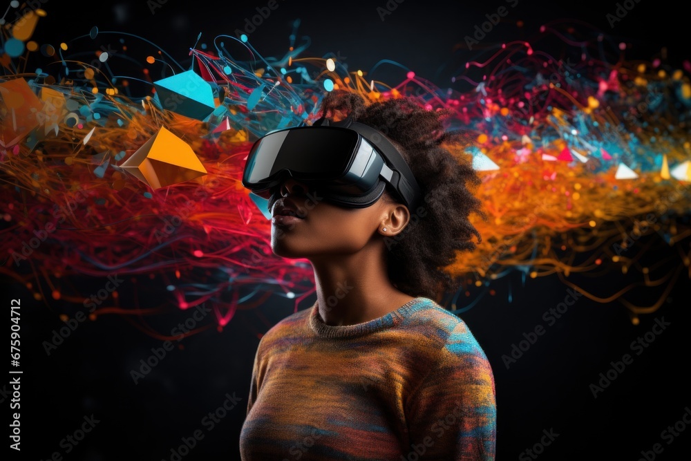 Fototapeta premium Tech Wonderland: Vibrant Virtual Experience Unfolding for a Man with VR Glasses