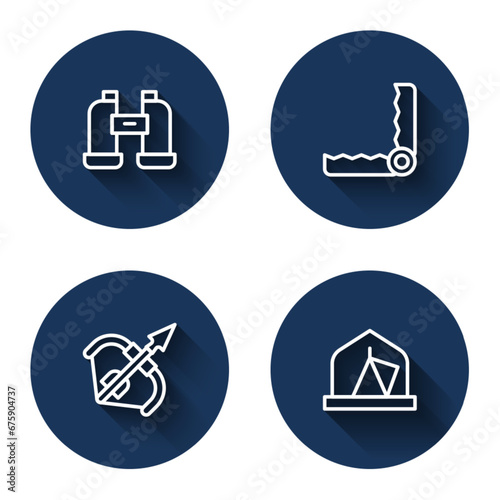 Set line Binoculars, Trap hunting, Medieval bow and arrow and Tourist tent with long shadow. Blue circle button. Vector