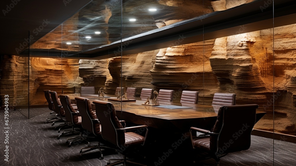 A subterranean boardroom with walls made of layers of stratified rock and fossil displays.