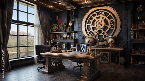 A steampunk-themed office replete with gears, pulleys, and rustic finishes.