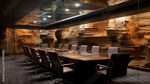 A subterranean boardroom with walls made of layers of stratified rock and fossil displays. photo