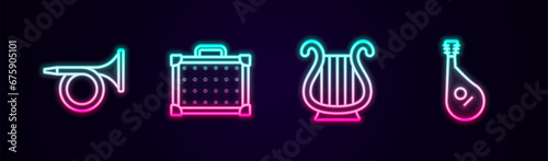 Set line Trumpet, Guitar amplifier, Ancient Greek lyre and Bandura. Glowing neon icon. Vector photo