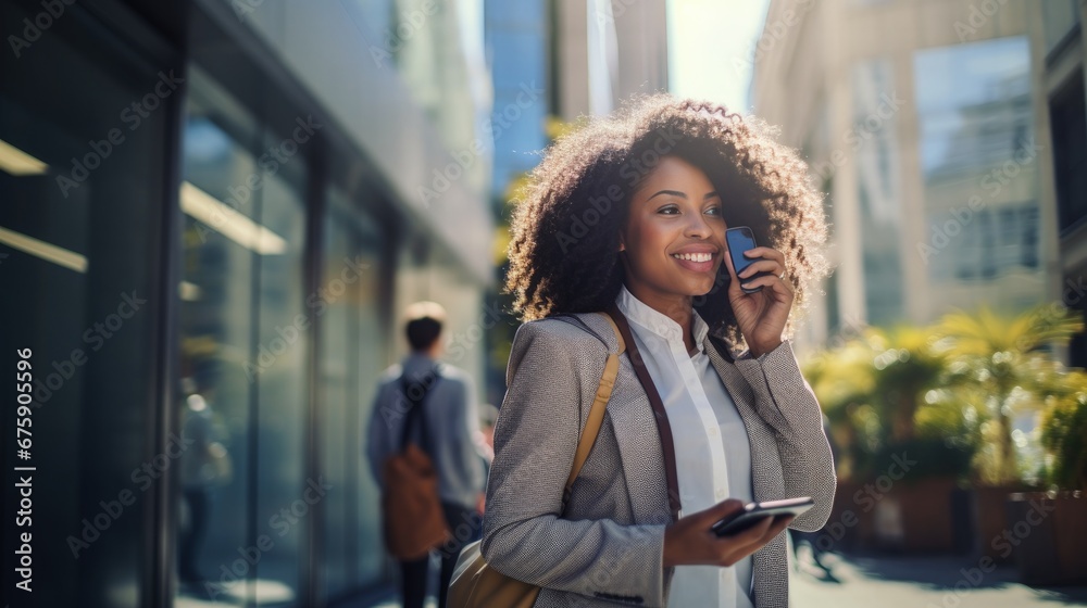 Office girl of African descent Or executives are standing and walking on the street using their phones to make transactions, for example. fintech in a business district with tall buildings Office girl of African descent Or executives are standing and walking on the street using their phones to make transactions, for example. fintech in a business district with tall buildings