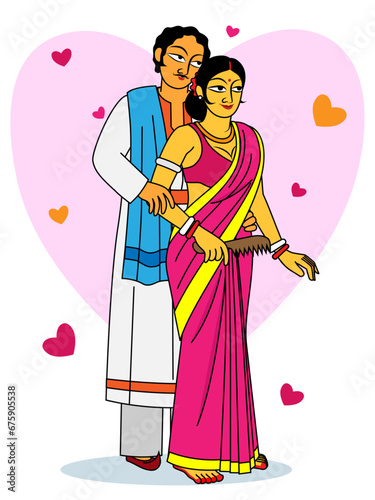 Bangali Sweets couple romance. Traditional dressed Bangali Babu, lady, Bengali culture, romantic mood, Indian dressed, sweet relationship, 20th century, Indian character, vector illustration