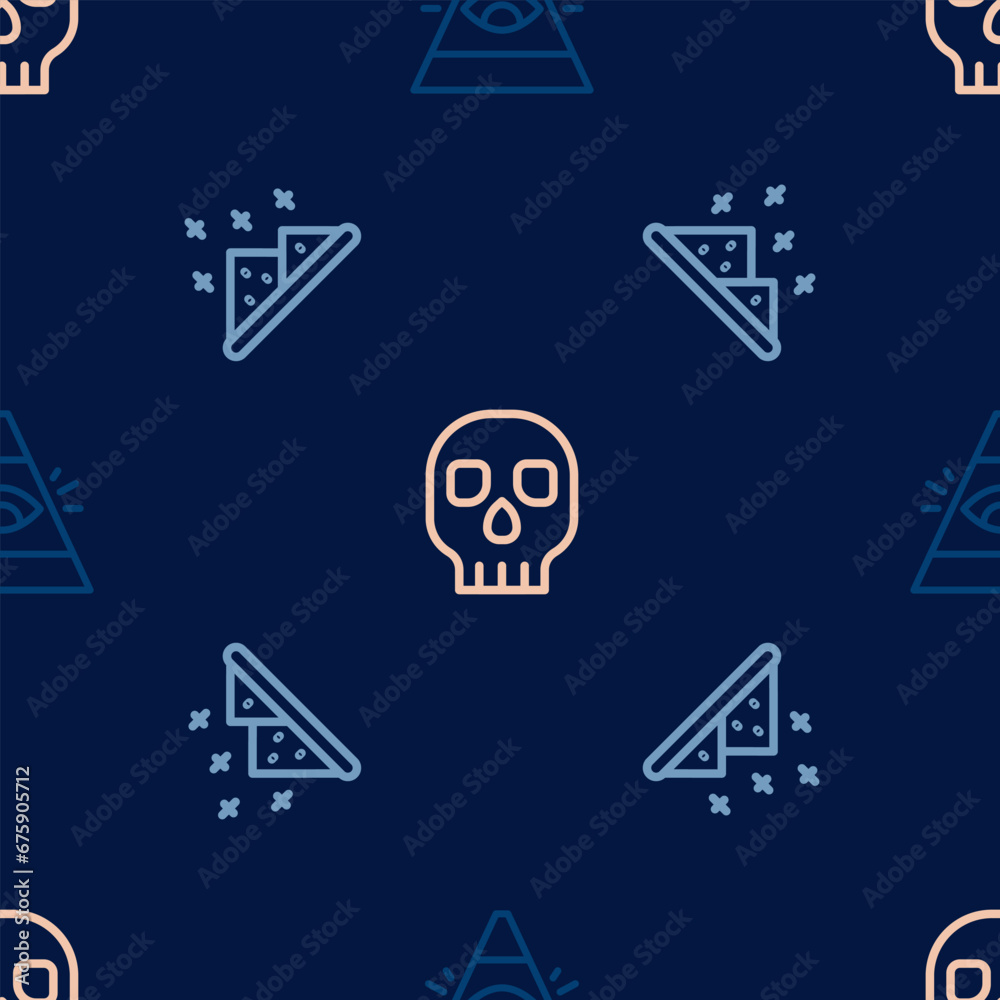 Fototapeta premium Set line All-seeing eye of God, Magic powder and Skull on seamless pattern. Vector