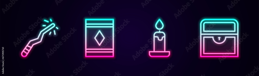 Set line Magic wand, carpet, Burning candle and Antique treasure chest. Glowing neon icon. Vector Set line Magic wand, carpet, Burning candle and Antique treasure chest. Glowing neon icon. Vector