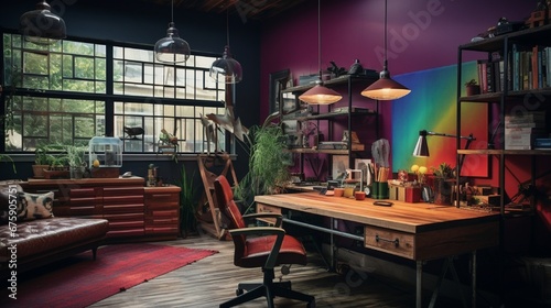 A sustainable workspace dominated by reclaimed materials  brilliantly dyed in jewel tones.