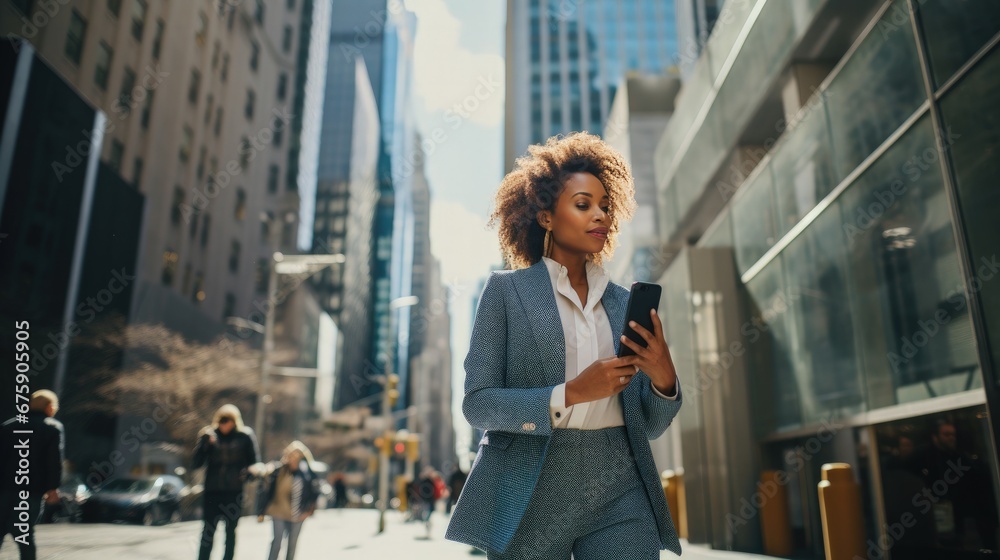 Fototapeta premium Office girl of African descent Or executives are standing and walking on the street using their phones to make transactions, for example. fintech in a business district with tall buildings