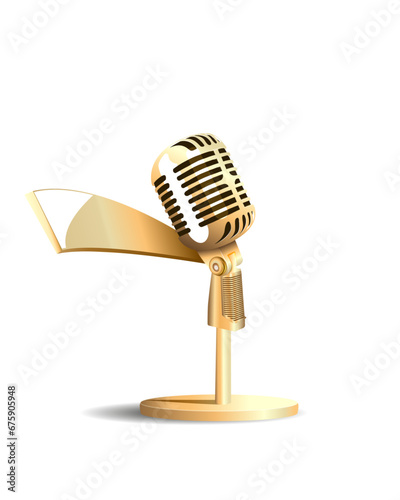 Golden vintage microphone, mic on a stand for stage live performance, studio recording and broadcasting. Music award or sound equipment. Graphic vector illustration, white background.